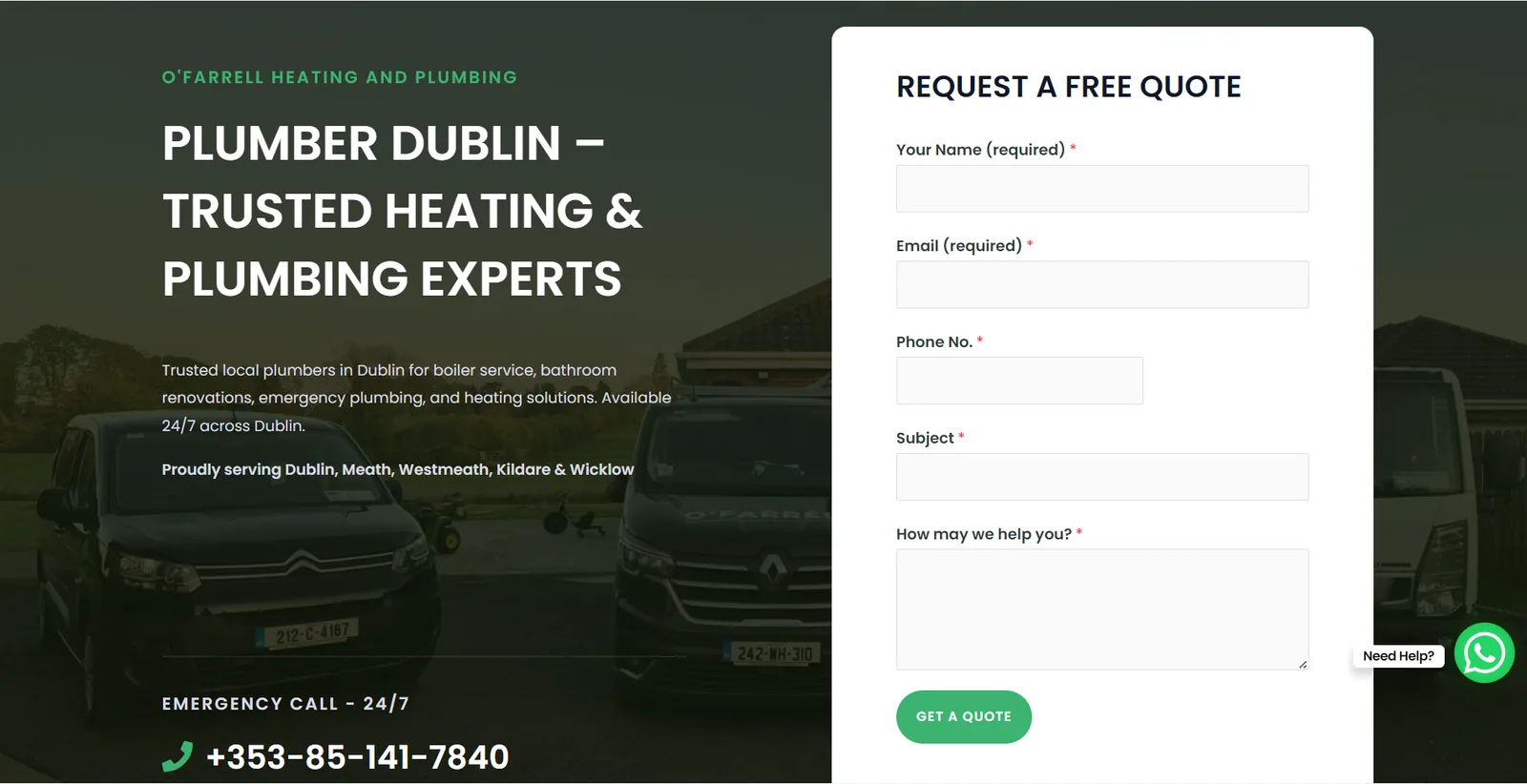 O'Farrell Heating & Plumbing website homepage